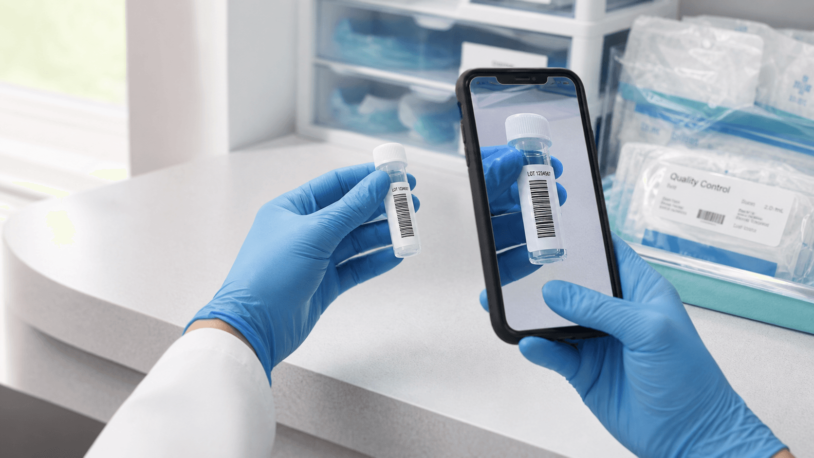 Quality-control material barcode being scanned at the testing bench