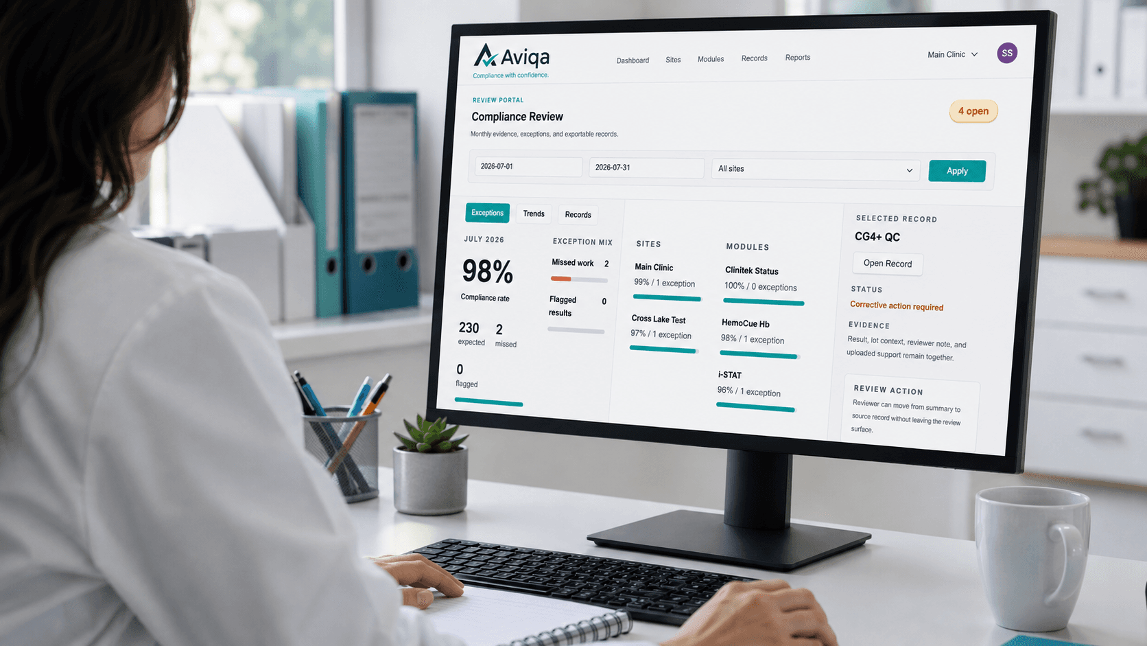 Aviqa compliance review portal displayed on a desktop monitor